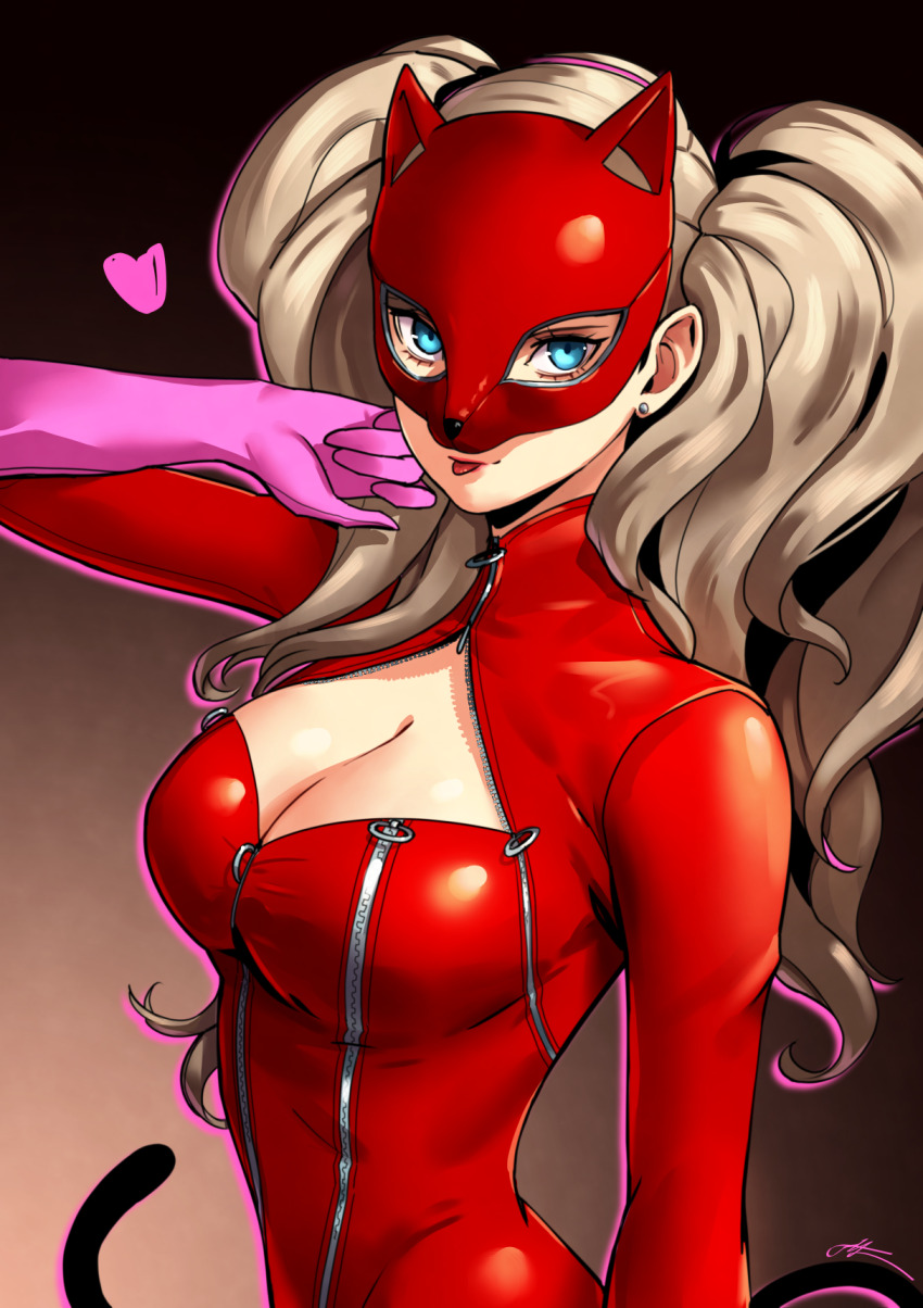 1girl :p animal_ears arm_up blonde_hair blue_eyes bodysuit breasts cat_ears cat_mask cat_tail cleavage cleavage_cutout clothing_cutout commentary eightyfourart english_commentary gloves gradient_hair heart highres large_breasts long_hair looking_at_viewer mask multicolored_hair panther_(persona_5) persona persona_5 pink_gloves red_bodysuit solo tail takamaki_anne tongue tongue_out twintails very_long_hair zipper zipper_pull_tab