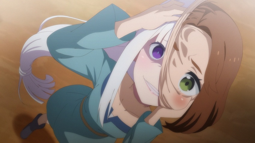 1girl aqua_dress blush boots breasts brown_hair capella_emerada_lugnica collarbone dress emilia_(re:zero) green_eyes highres long_hair looking_at_viewer purple_eyes re:zero_kara_hajimeru_isekai_seikatsu shapeshifter shapeshifting short_hair small_breasts smile transformation ty_tsf white_hair