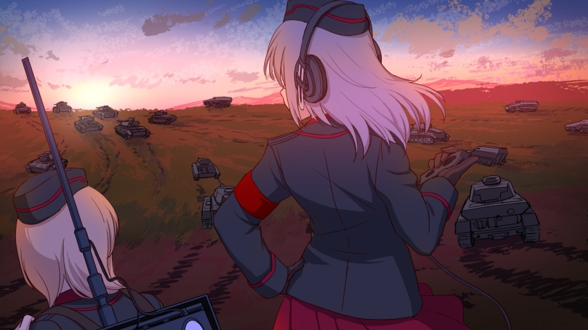 2girls armband black_gloves black_headwear black_jacket clipboard cloud cloudy_sky garrison_cap girls_und_panzer gloves grey_hair hand_on_own_hip hat headphones highres holding_radio horizon itsumi_erika jacket kuromorimine_military_uniform long_hair long_sleeves military military_hat military_uniform military_vehicle motor_vehicle multiple_girls outdoors pleated_skirt radio red_skirt revision shinmai_(kyata) skirt sky standing sunset tank wind