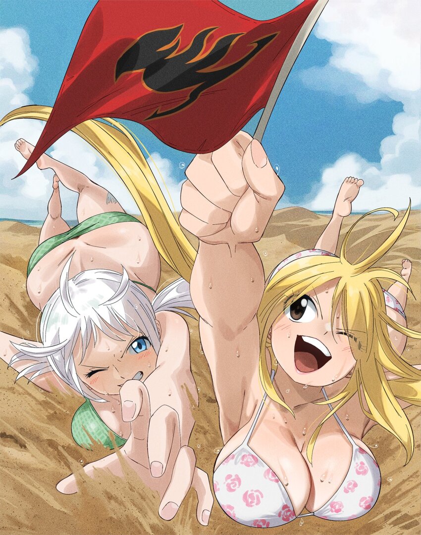 2girls alternate_costume beach bikini blonde_hair blue_eyes blue_sky breasts brown_eyes cloud day fairy_tail fairy_tail_logo flag gaston18 green_bikini highres holding holding_flag large_breasts lisanna_strauss lucy_heartfilia mini_flag multiple_girls one_eye_closed open_mouth outdoors print_bikini red_flag shirt sky swimsuit teeth upper_teeth_only white_bikini white_shirt