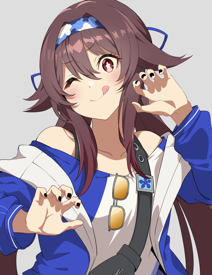 1girl absurdres bare_shoulders black_nails blue_jacket blush brown_hair claw_pose closed_mouth eyewear_hang unworn_eyewear fanny_pack genshin_impact grey_background hair_between_eyes hair_intakes hair_ribbon hairband hands_up highres hu_tao_(genshin_impact) hu_tao_(lawson)_(genshin_impact) jacket long_hair long_sleeves looking_at_viewer low_twintails off-shoulder_shirt off_shoulder one_eye_closed red_eyes ribbon shirt simple_background solo sunglasses symbol-shaped_pupils tongue tongue_out tsukamoto_minori twintails upper_body
