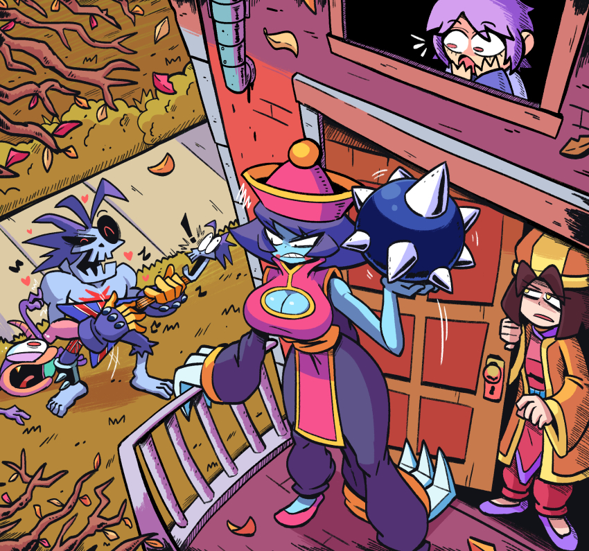 3girls angry autumn blue_skin breasts cleavage_cutout clothing_cutout colored_skin darkstalkers guitar highres holding holding_weapon house hsien-ko instrument kevin_arthur large_breasts le_malta lilith_(darkstalkers) lord_raptor mei-ling_(darkstalkers) multiple_girls opening_door playing_guitar playing_instrument siblings sisters spiked_ball undead weapon window