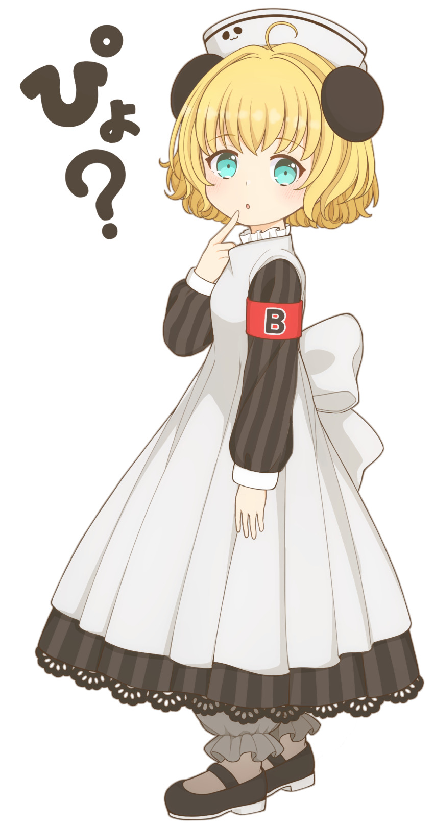 1girl :o absurdres ahoge animal_ears apron armband back_bow black_dress black_shoes blonde_hair bloomers blue_eyes bow brown_pantyhose commentary_request di_gi_charat dress finger_to_own_chin from_side full_body grey_bloomers hat highres index_finger_raised long_sleeves looking_at_viewer mary_janes nurse_cap open_mouth panda_ears pantyhose piyoko red_armband shoes short_hair solo standing striped_clothes striped_dress underwear white_apron white_background white_bow white_hat yuka_(akira05071991)