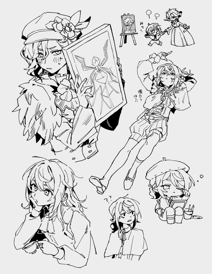 1boy android beret blush canvas_(object) capelet cup easel edgar_valden edgar_valden_(golden_ratio) edgar_valden_(multicolor_printing) hat highres holding holding_cup identity_v loafers long_hair lying mary_(identity_v) messy_hair monochrome painting_(object) ponytail puffy_shorts ribbon rubbing_eyes shoes shorts sinzourrrrr sleepy trap
