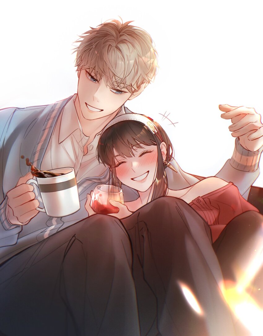 +++ 1boy 1girl bare_shoulders black_hair black_pantyhose blonde_hair blue_cardigan blue_eyes blush cardigan closed_eyes coffee_mug collarbone collared_shirt commentary couple cup drinking_glass earrings feet_out_of_frame gold_earrings hairband happy highres holding holding_cup husband_and_wife ideksams jewelry knees_up leaning_on_person long_hair long_sleeves mug off-shoulder_sweater off_shoulder pantyhose parted_lips red_sweater shirt short_hair sidelocks simple_background sitting smile spy_x_family sweater symbol-only_commentary twilight_(spy_x_family) white_background white_hairband white_shirt wine_glass yor_briar