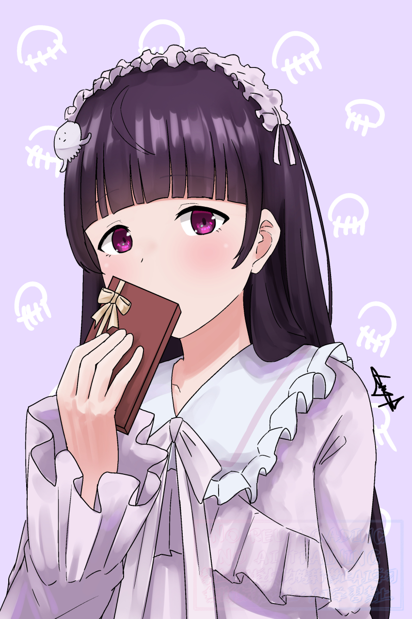 1girl absurdres commentary english_commentary highres jellyfish_hair_ornament long_hair long_sleeves mutsuki_(mutsuki0110) purple_background purple_eyes purple_hair solo takanashi_kim_anouk_mei upper_body valentine yoru_no_kurage_wa_oyogenai