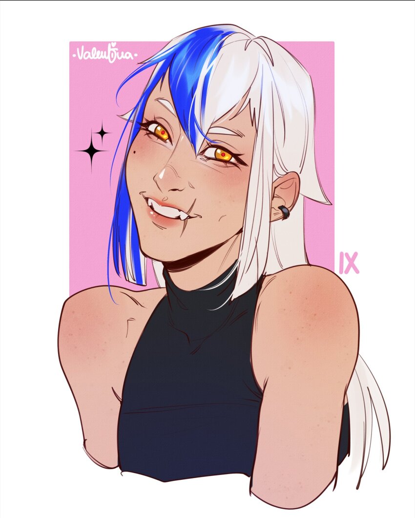 1girl artist_name blue_hair earrings highres jewelry long_hair looking_at_viewer multicolored_hair orange_eyes original portrait scar scar_on_face scar_on_mouth solo split-color_hair two-tone_hair valentina_tavolilla white_hair