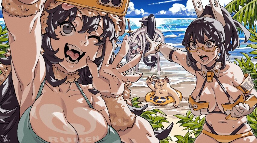 3girls animal armband baseball_cap beach beach_chair beaver bikini breasts cellphone choker cleavage cloud fang fern from_behind gloves grey_eyes hat high_ponytail holding holding_phone innertube ireading lanmei large_breasts long_hair multiple_girls navel ocean one_eye_closed open_mouth original outdoors outstretched_arm phone ponytail sand selfie shore sitting smartphone standing sweat swim_ring swimsuit sword taking_picture tree v very_long_hair water weapon whistle white_gloves