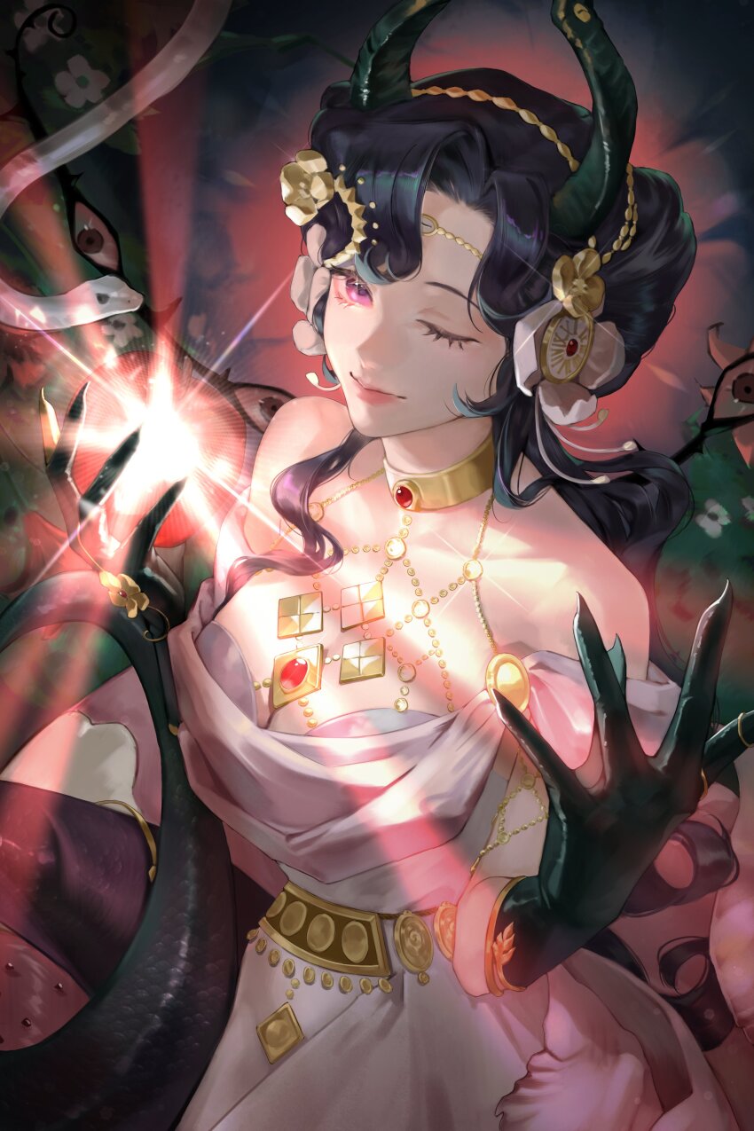 1girl ;) absurdres anjo_nala apple bare_shoulders black_gloves black_hair black_horns black_tail closed_mouth dark_background demon_girl demon_horns dress eyeball flower food fruit gloves glowing gold_choker hair_flower hair_ornament hands_up highres holding holding_food holding_fruit horns lee_yoom lizard_tail long_hair official_alternate_costume one_eye_closed pink_lips purple_eyes reverse:1999 sleeveless sleeveless_dress smile solo tail upper_body white_dress white_flower