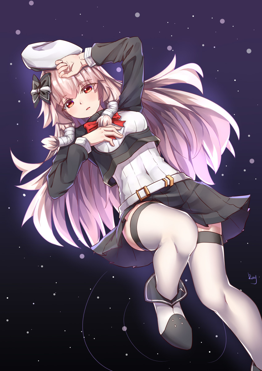 1girl absurdres artist_name bad_id bad_pixiv_id belt beret black_bow black_skirt blouse blurry bokeh bow chaser_(warship_girls_r) cleavage_cutout clothing_cutout covered_navel cropped_jacket depth_of_field dutch_angle female_focus floating graphite_(medium) hair_ornament hair_ribbon hair_tubes hand_on_own_chest hand_on_own_head hat highres long_hair looking_at_viewer neck_ribbon parted_lips pink_hair ray_(pixiv9514208) red_eyes ribbon royal_navy shirt skirt solo thighhighs thighs traditional_media tress_ribbon warship_girls_r water white_belt white_footwear white_shirt white_thighhighs zettai_ryouiki