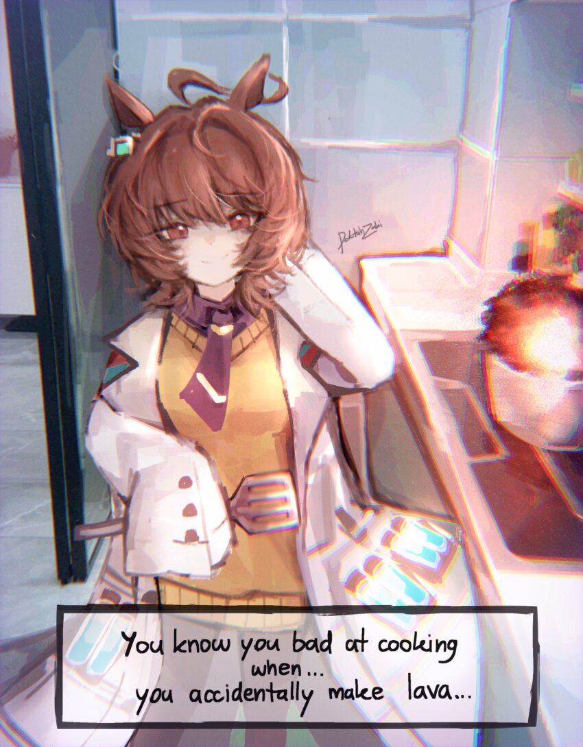 1girl agnes_tachyon_(tach-nology)_(umamusume) agnes_tachyon_(umamusume) ahoge animal_ears black_pantyhose breasts brown_hair burning chemical_structure closed_mouth coat cooking cork doktahzaki earrings english_text failure fire hair_between_eyes highres holding holding_spatula horse_ears horse_girl huge_ahoge jewelry lab_coat long_sleeves looking_at_viewer medium_hair necktie pantyhose red_eyes shirt short_necktie single_earring sleeves_past_fingers sleeves_past_wrists smile solo spatula speech_bubble sweater test_tube umamusume white_coat yellow_sweater