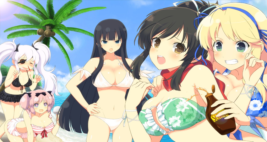 5girls asuka_(senran_kagura) beach bikini bikini_skirt black_bikini black_bow black_hair blonde_hair blood blue_bikini blue_eyes blue_hairband blue_sky blunt_bangs blush bow breasts brown_eyes cleavage closed_eyes coconut coconut_tree cross-shaped_pupils drooling eyepatch floral_print floral_print_bikini game_cg green_bikini green_eyes grin hair_bow hair_ribbon hairband hand_on_another&#039;s_shoulder hand_on_own_hip hibari_(senran_kagura) highres ikaruga_(senran_kagura) katsuragi_(senran_kagura) large_breasts long_hair lotion medium_hair multiple_girls navel non-web_source nosebleed official_art open_mouth outdoors palm_tree pink_bikini pink_hair ponytail print_bikini red_scarf ribbon saliva scarf seashell senran_kagura senran_kagura_estival_versus shell shuriken_hair_ornament sidelocks sky smile sunscreen swimsuit symbol-shaped_pupils tree twintails water white_bikini white_hair white_ribbon yaegashi_nan yagyu_(senran_kagura)