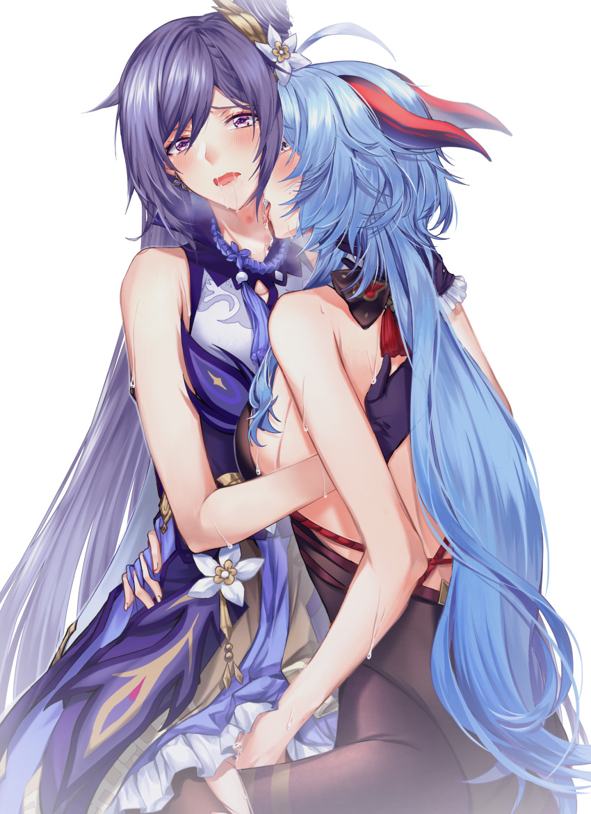 2girls absurdres bare_arms black_dress blue_hair breasts commentary commentary_request dress english_commentary fingering ganyu_(genshin_impact) genshin_impact gloves hand_on_another&#039;s_back hand_on_another&#039;s_waist hickey highres horns keqing_(genshin_impact) licking licking_another&#039;s_neck long_hair mixed-language_commentary multiple_girls open_mouth purple_dress purple_eyes purple_gloves purple_hair pussy_juice saliva sideboob sieka_(piiroinardesco) simple_background straddling sweat tongue tongue_out white_background yuri