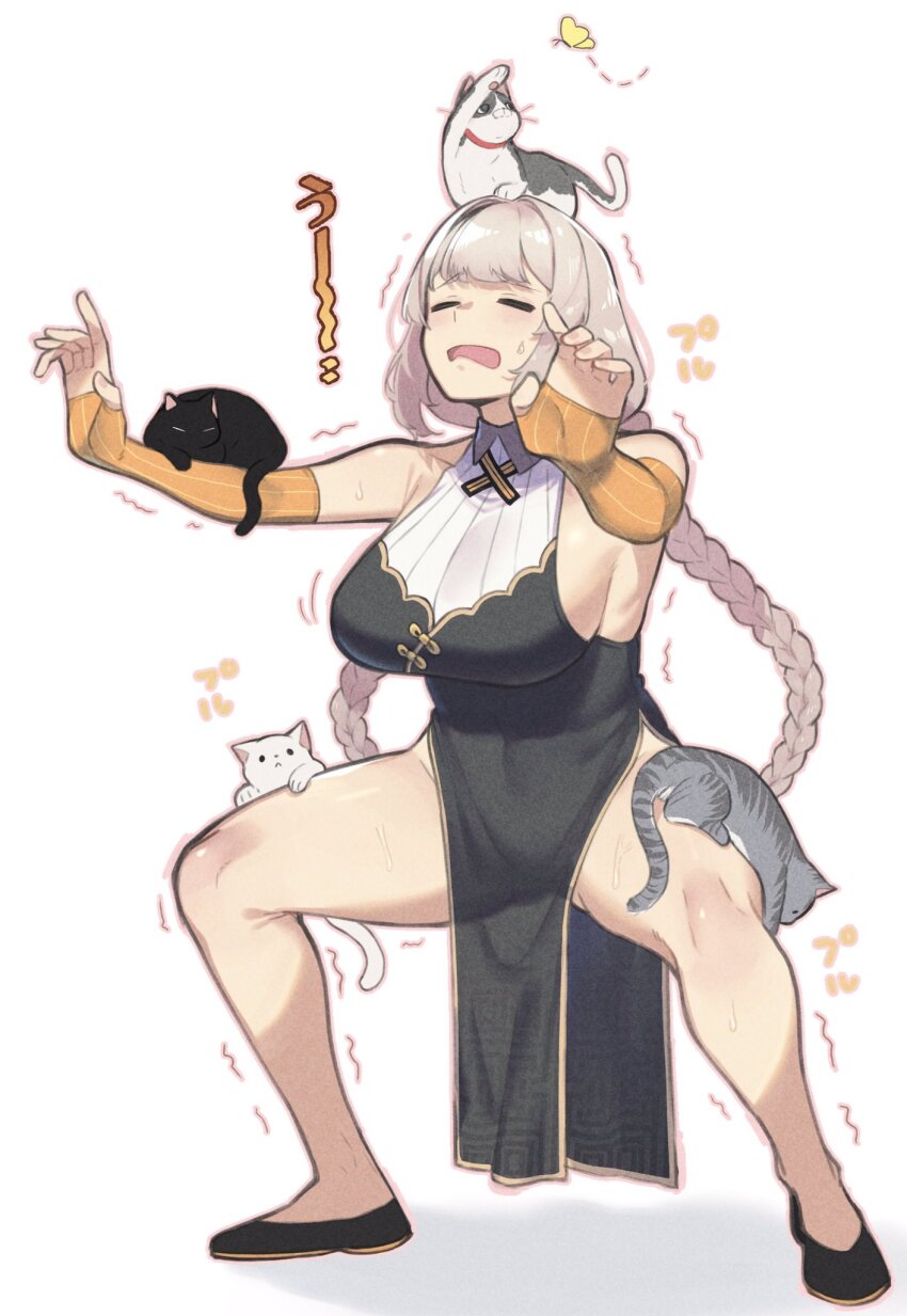1girl adapted_costume animal animal_on_arm animal_on_head animal_on_leg balancing black_dress black_footwear blush braid breasts bug butterfly cat cat_on_head china_dress chinese_clothes closed_eyes collared_dress cross_tie dotted_line dress elbow_gloves fingerless_gloves flats frown gloves grey_hair highres horse_stance impossible_clothes impossible_dress insect kizuna_akari large_breasts long_hair low_twin_braids on_head open_mouth orange_gloves orange_outline outline outstretched_arms pelvic_curtain see-through_silhouette side_slit simple_background sleeveless sleeveless_dress solo squatting sweat toriniku29 trembling twin_braids vocaloid voiceroid white_background