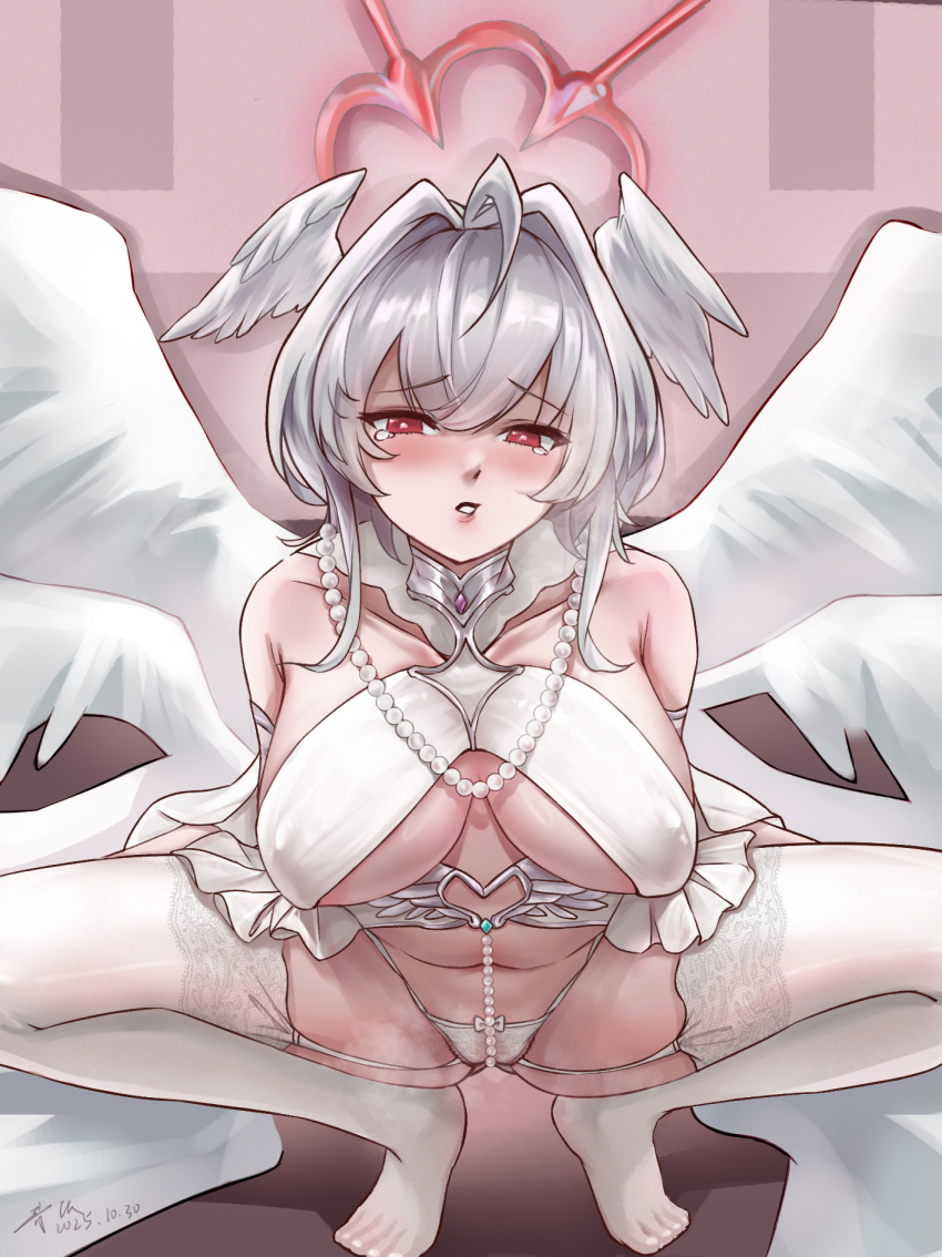 1girl ahoge azur_lane blush breasts cameltoe collarbone covered_erect_nipples feathered_wings garter_straps hair_intakes halo head_wings highres jewelry large_breasts large_variant_set lips looking_at_viewer medium_hair navel necklace panties pearl_(azur_lane) pearl_necklace pearl_thong qingchen_(111917368) red_eyes signature solo squatting stomach thighhighs underwear variant_set white_hair white_panties white_thighhighs white_wings wings