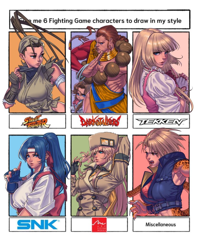 1boy 6+girls anita_(darkstalkers) bloody_roar crossover donovan_baine emilie_de_rochefort guilty_gear highres ibuki_(street_fighter) marvel_(bloody_roar) millia_rage multiple_girls ryuuko_no_ken street_fighter superbull tagme tekken tekken_8 the_king_of_fighters todoh_kasumi