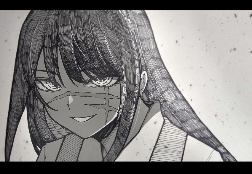 1girl chainsaw_man commentary cross_scar epeulu_(ate5424) facial_scar greyscale highres letterboxed long_hair marker_(medium) monochrome portrait ringed_eyes scar scar_on_cheek scar_on_face scar_on_nose smile solo traditional_media yoru_(chainsaw_man)