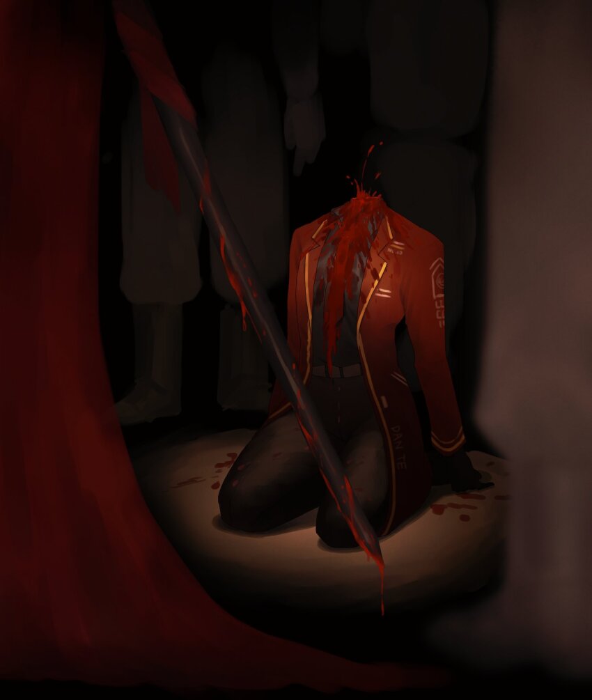 4others black_gloves black_pants black_shirt blood blood_spray bloody_weapon changshik coat dante_(limbus_company) decapitation gloves highres kneeling lapels limbus_company multiple_others necktie notched_lapels pants project_moon red_coat red_necktie shirt weapon