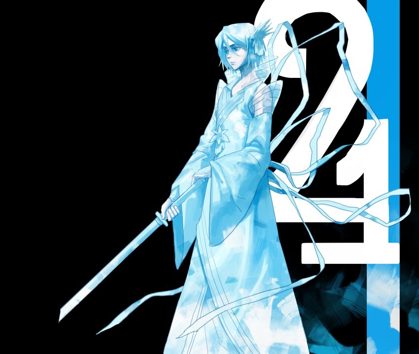 1girl absurdres bankai bare_shoulders black_background bleach blue_theme closed_mouth detached_sleeves expressionless feet_out_of_frame flower_ornament hair_between_eyes hair_ornament hieumay highres holding holding_sword holding_weapon japanese_clothes katana kuchiki_rukia large_ribbon lips long_sleeves looking_to_the_side number_background see-through_clothes see-through_sleeves shinigami short_hair simple_background sode_no_shirayuki solo standing sword weapon wide_sleeves zanpakutou