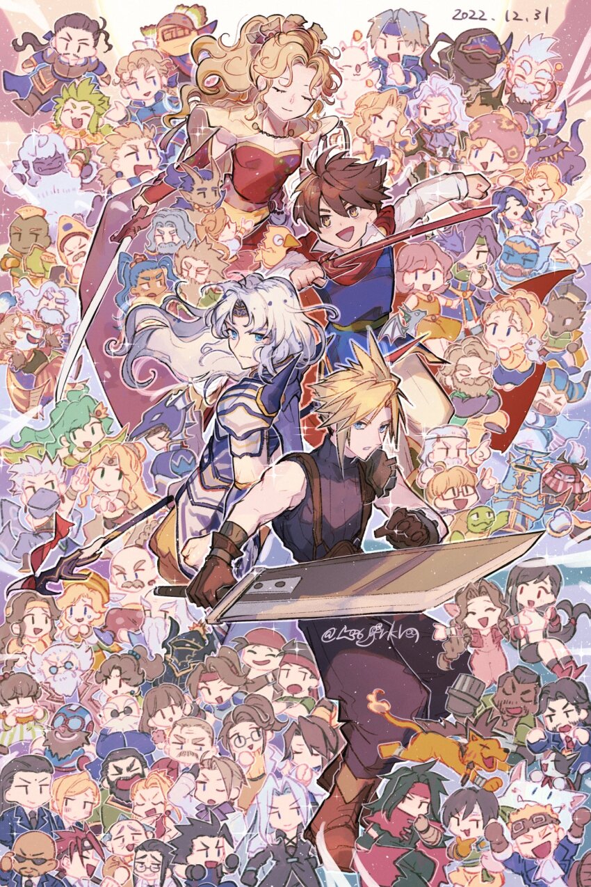 6+boys 6+girls aerith_gainsborough animal armor ascot barret_wallace bartz_klauser beard biggs_(ff7) black_hair blonde_hair blue_cape blue_eyes blue_hair blue_headband blue_pants blue_shirt blue_tunic boots braid braided_ponytail bridal_gauntlets brown_eyes brown_footwear brown_gloves brown_hair buster_sword cait_sith_(final_fantasy) cape cecil_harvey cefca_palazzo celes_chere character_request chibi chocobo cid_highwind cloak closed_eyes cloud_strife dark-skinned_male dark_skin dated dress earrings edgar_roni_figaro edward_geraldine elena_(ff7) everyone exdeath facepaint facial_hair faris_scherwiz final_fantasy final_fantasy_iv final_fantasy_v final_fantasy_vi final_fantasy_vii final_fantasy_vii_remake full_armor galuf_halm_baldesion gau gilgamesh_(final_fantasy) glasses gloves goggles goggles_on_head green_hair grey_hair hair_between_eyes hair_ribbon hair_slicked_back hanaon headband heidegger_(final_fantasy) highres holding holding_sword holding_weapon jessie_rasberry jewelry krile_mayer_baldesion_(ff5) lenna_charlotte_tycoon locke_cole long_hair low-tied_long_hair low_ponytail lucrecia_crescent marlene_wallace mask mohawk monster moogle mouth_mask multiple_boys multiple_girls ninja_mask palmer_(ff7) pants parted_bangs ponytail professor_houjou rachel_(ff6) red_cape red_cloak red_dress red_headband red_xiii reeve_tuesti relm_arrowny reno_(ff7) ribbon rosa_farrell rude_(ff7) rufus_shinra rydia_(adult)_(ff4) rydia_(ff4) sabin_rene_figaro scarlet_(ff7) sephiroth setzer_gabbiani shadow_(ff6) shera_(ff7) shirt short_hair shoulder_armor shoulder_spikes single_bare_shoulder sleeveless sleeveless_turtleneck spiked_hair spikes square_enix strago_magus strapless strapless_dress sunglasses swept_bangs sword tifa_lockhart tina_branford toned toned_male tseng tunic turtleneck twitter_username vincent_valentine weapon wedge_(ff7) white_ascot yellow_cape yuffie_kisaragi zack_fair