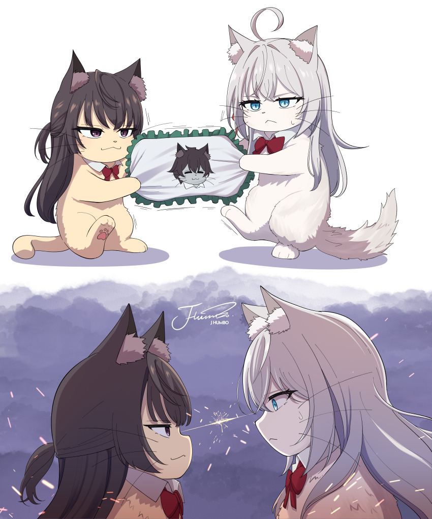 absurdres ahoge alisa_mikhailovna_kujou animal animal_ear_fluff animalization blue_eyes bow bowtie brown_eyes brown_hair clothed_animal commentary detached_collar grey_hair highres j_humbo kuze_masachika lightning_glare long_hair no_humans pulling red_bow red_bowtie signature suou_yuki symbol-only_commentary tokidoki_bosotto_roshia-go_de_dereru_tonari_no_alya-san