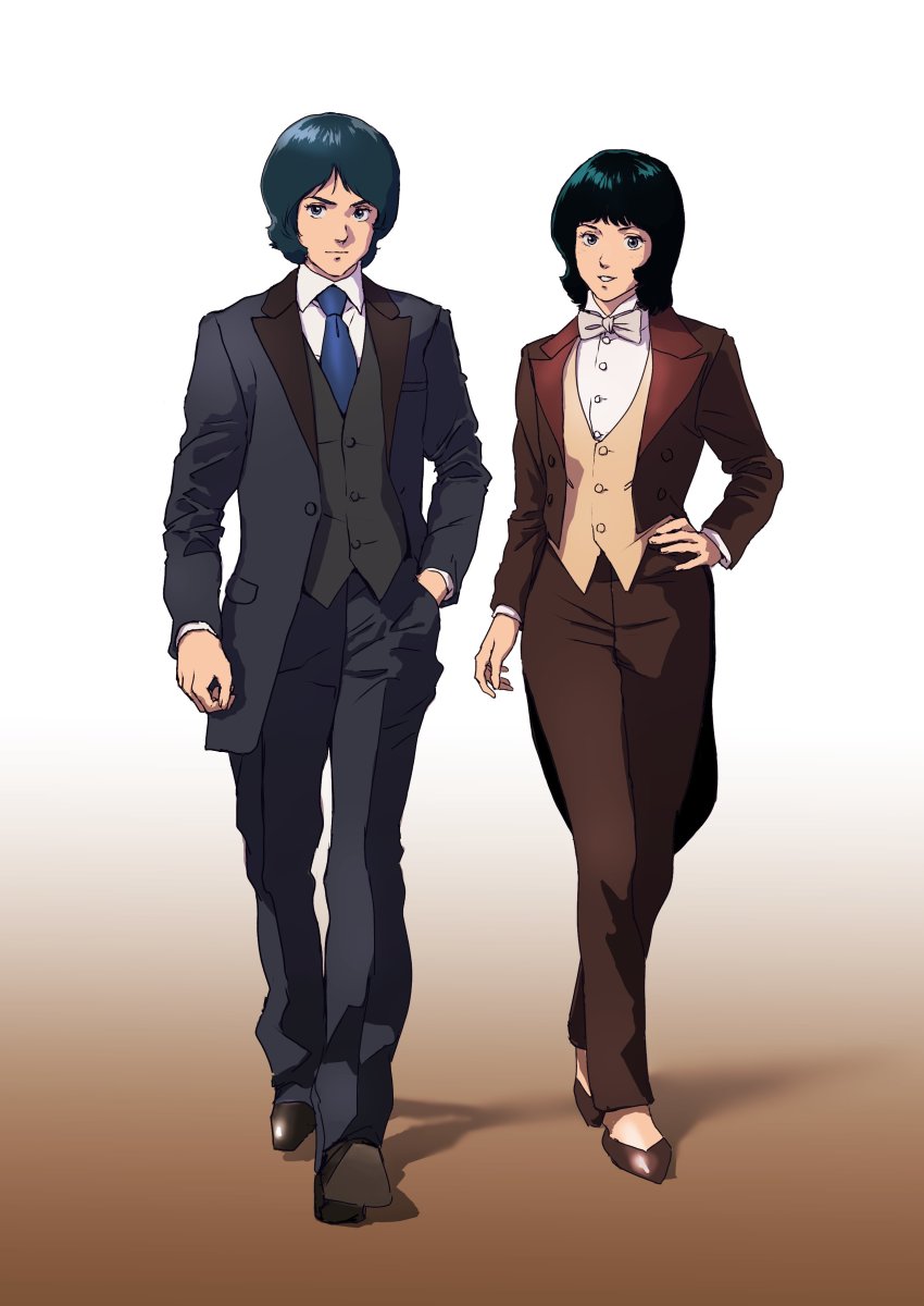 1boy 1girl absurdres beige_vest black_footwear black_hair black_jacket black_pants blue_hair brown_footwear brown_jacket brown_pants fa_yuiry formal_clothes grey_vest gundam hand_in_pocket high_heels highres jacket kamille_bidan looking_at_viewer medium_hair pants parted_lips smile suit suit_jacket teikoku_jokyoku vest walking zeta_gundam