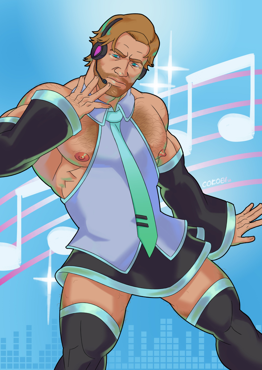 1boy absurdres aqua_necktie aqua_trim arthur_morgan artist_name bara beard bell_sleeves black_skirt black_sleeves black_thighhighs blonde_hair blue_eyes blue_shirt chest_hair closed_mouth cokobi collared_shirt commentary cosplay cowboy_shot crossdressing detached_sleeves english_commentary english_text facial_hair hatsune_miku hatsune_miku_(cosplay) head_tilt headphones highres idol looking_at_viewer male_focus mature_male muscular muscular_male musical_note necktie nipples nose pectorals red_dead_redemption red_dead_redemption_(series) ribs shirt short_hair skirt sparkle thick_eyebrows thighhighs vocaloid white_background zettai_ryouiki