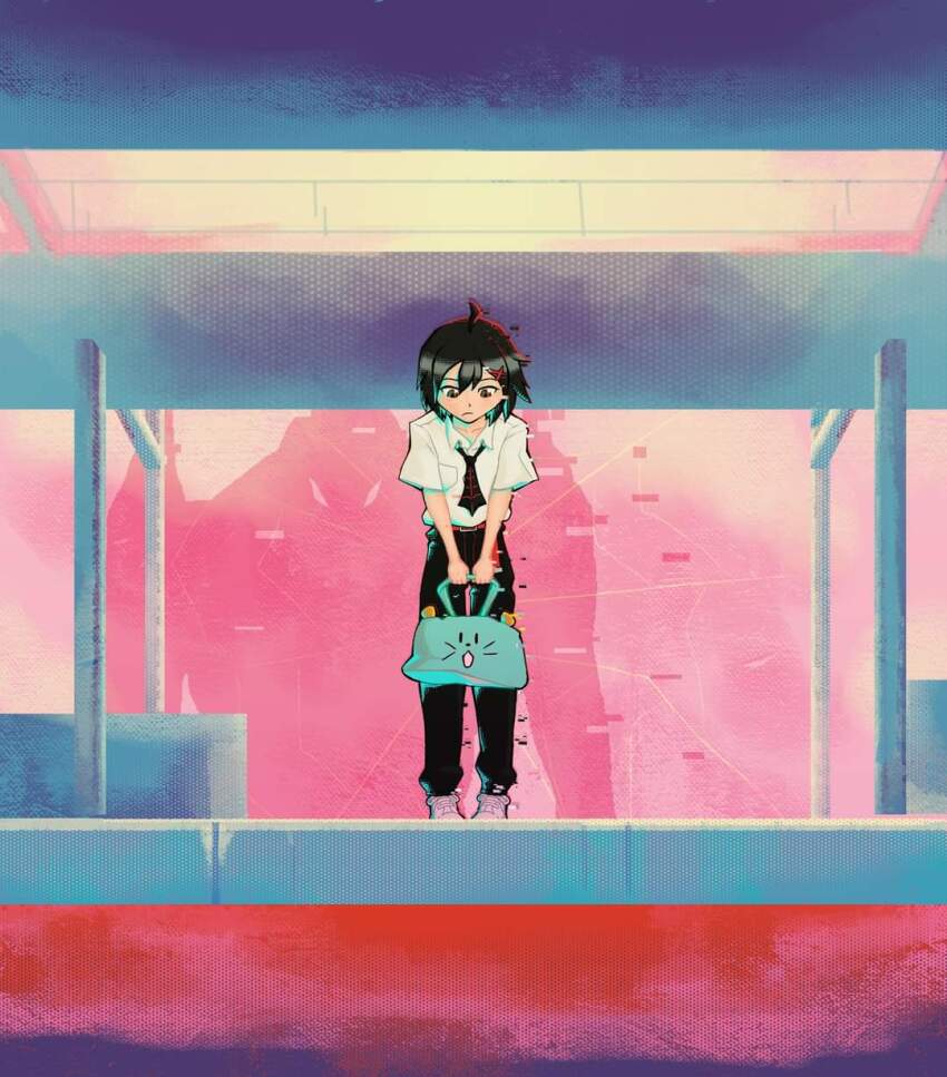 1girl angel_sotelo belt black_hair closed_mouth cosplay derivative_work evangelion_(mecha) full_body highres ikari_shinji ikari_shinji_(cosplay) looking_down marvel necktie neon_genesis_evangelion peni_parker school_uniform screenshot_redraw short_hair sp//dr spider-man:_into_the_spider-verse spider-man_(series) spider-verse standing tokyo-3_middle_school_uniform white_footwear