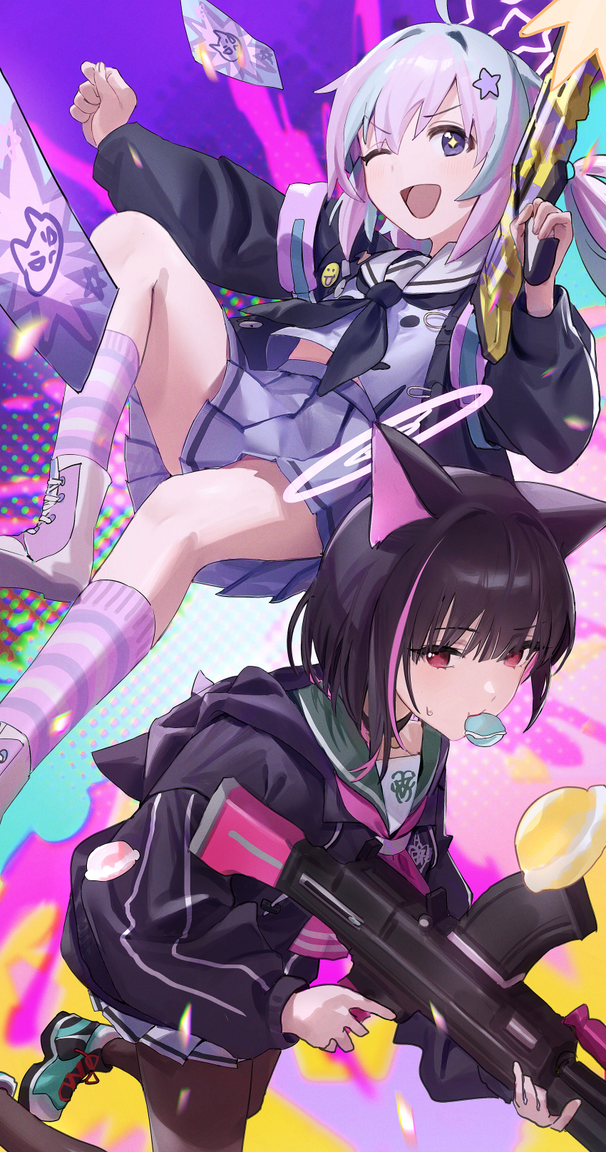 2girls absurdres animal_ears black_hair black_hoodie black_jacket black_pantyhose blue_archive blue_shoes blunt_bangs blush boots bren_lmg bullpup cat_ears cat_girl colored_inner_animal_ears colored_inner_hair flatshi food food_in_mouth green_sailor_collar gun hair_between_eyes highres holding holding_gun holding_weapon hood hoodie jacket kazusa_(blue_archive) light_machine_gun looking_at_viewer macaron machine_gun multicolored_hair multicolored_socks multiple_girls one_eye_closed open_mouth pantyhose pink_eyes pink_ribbon reisa_(blue_archive) ribbon sailor_collar shirt shoes shotgun skirt socks standard_manufacturing_dp-12 striped_clothes striped_socks sweatdrop weapon white_boots white_sailor_collar white_shirt white_skirt
