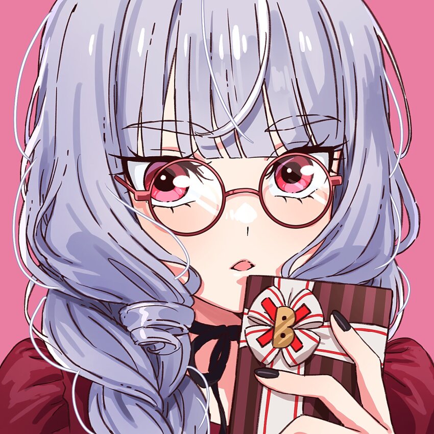 1girl black_nails blunt_bangs braid candy chocolate chocolate_bar choker delicious_party_precure eyelashes food gentlu_(precure) glasses grey_hair highres holding jitome kasai_amane long_hair looking_at_viewer nail_polish parted_lips pink_background portrait precure red-framed_eyewear red_eyes ribbon_choker ringlets round_eyewear sanpaku simple_background solo twin_braids yufu_kyouko