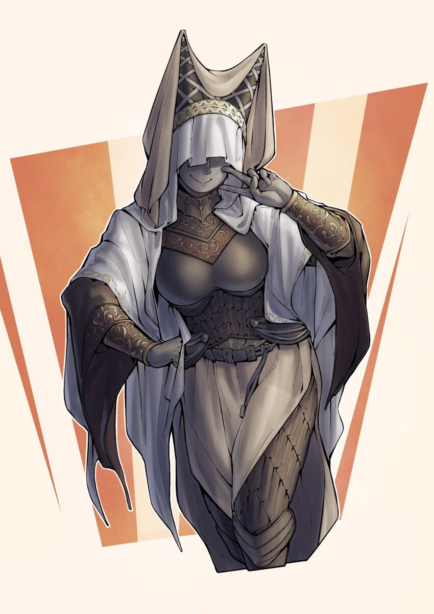 1girl armor armored_dress breasts cape colored_skin dress elden_ring emile_aoi grey_skin highres long_sleeves looking_at_viewer night_maiden_(elden_ring) smile solo veil white_background white_cape white_veil