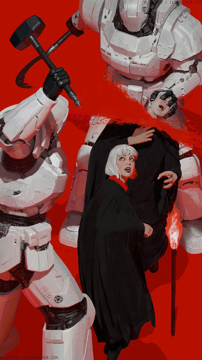 ambiguous_gender armor black_robe bob_cut decapitation fangs highres holding_detached_head khopesh power_armor red_background rimworld robe sanguophage_(rimworld) sharp_teeth size_difference teeth torch vampire war_hammer weapon white_hair yellow_eyes zezhou_chen