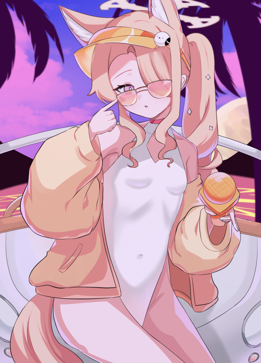 1girl absurdres animal_ear_fluff animal_ears blonde_hair blue_archive breasts car collarbone fox_ears fox_girl fox_tail hair_over_one_eye halo highres holding jacket long_hair long_sleeves motor_vehicle official_alternate_costume official_alternate_hairstyle one-piece_swimsuit palm_tree parted_lips pink_eyes sabnak66 seia_(blue_archive) seia_(swimsuit)_(blue_archive) small_breasts solo sunglasses swimsuit tail tree very_long_hair visor_cap white_one-piece_swimsuit yellow_halo yellow_jacket