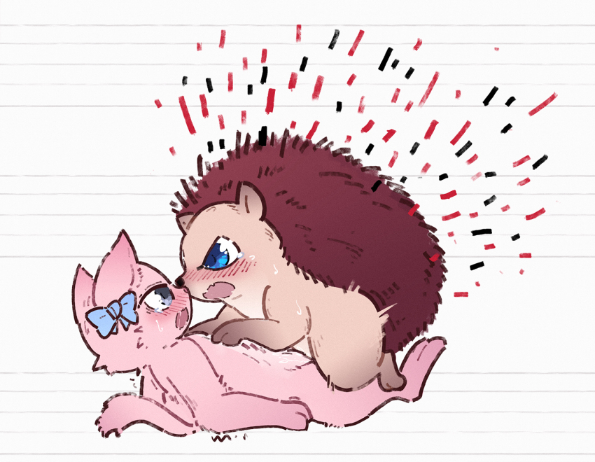 animal_focus animalization blue_bow blue_hair bow cat chinese_commentary commentary_request girls_band_cry hedgehog hina_(girls_band_cry) interspecies iseri_nina mating_(animal) open_mouth yun_cao_bing yuri