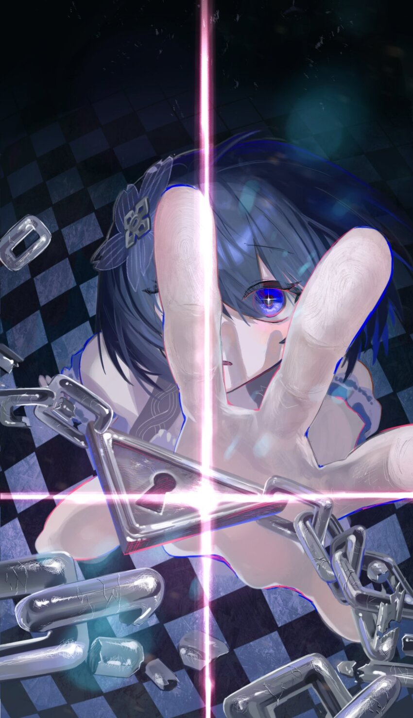 1girl blue_eyes blue_hair bob_cut chain checkered_floor dress duoyun_de_tiankong fingerprint from_above glowing highres honkai_(series) honkai_impact_3rd lock looking_at_viewer open_mouth outstretched_hand seele_vollerei seele_vollerei_(stygian_nymph) solo white_dress