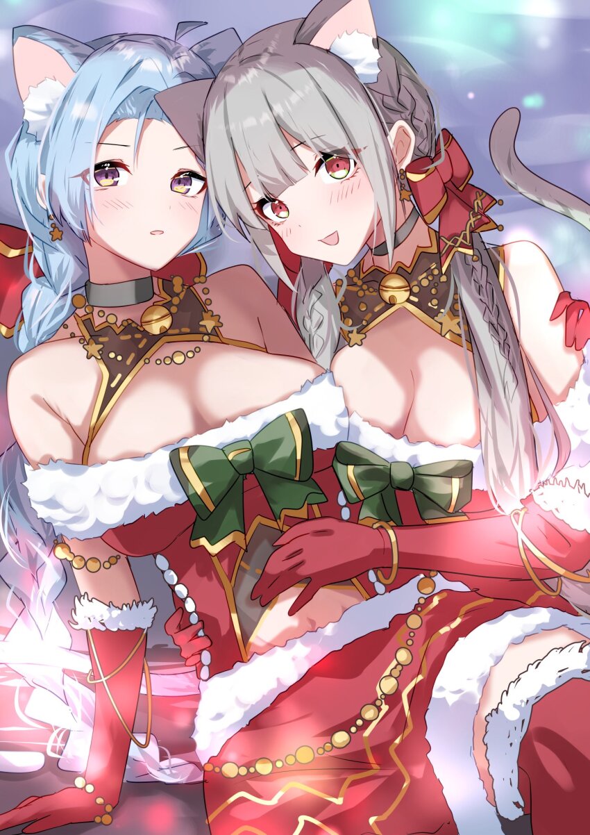2girls adapted_costume ahoge alternate_hairstyle animal_ears arm_around_back arm_around_waist arm_at_side assault_lily asymmetrical_docking bare_shoulders bell black_choker blue_hair blunt_bangs blush bow bracelet braid braided_ponytail breast_press breasts cat_ears cat_girl cat_tail choker cleavage clothing_cutout commentary_request cowboy_shot dress dress_bow earrings elbow_gloves fujita_asagao fur-trimmed_dress fur-trimmed_thighhighs fur_trim gloves gradient_background green_bow grey_background grey_hair hair_bow hand_on_another&#039;s_arm hand_on_another&#039;s_stomach highres houji_tea_latte igusa_subaru jewelry jingle_bell kemonomimi_mode long_hair looking_at_viewer low_ponytail medium_breasts multiple_girls navel neck_bell necklace open_mouth parted_bangs parted_lips ponytail purple_eyes red_bow red_dress red_eyes red_gloves red_thighhighs santa_costume santa_dress side-by-side single_braid sitting sleeveless sleeveless_dress smile star_(symbol) star_earrings star_necklace stomach_cutout tail thighhighs twin_braids twintails v-shaped_eyebrows very_long_hair