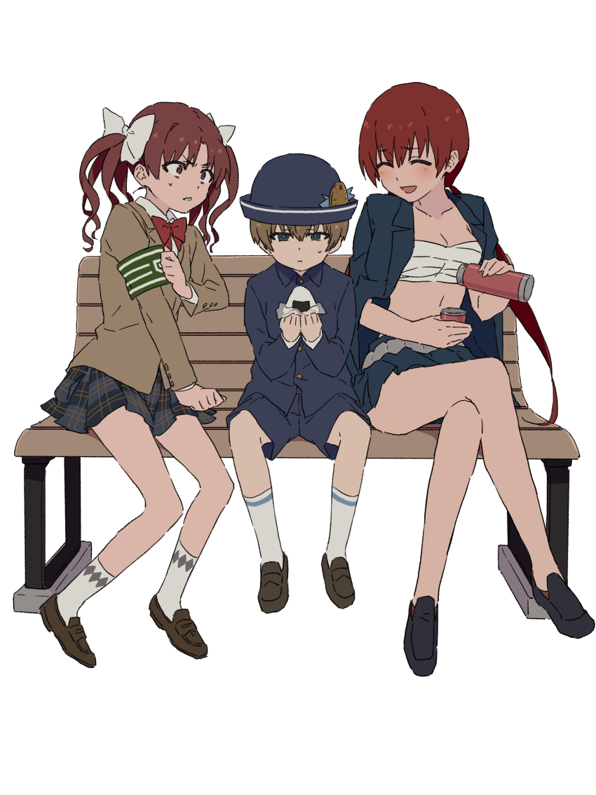1boy 2girls :d ^_^ absurdres ankle_socks armband bandages bench black_footwear blazer blue_headwear blue_jacket blue_shorts blue_skirt blush bow bowtie breasts brown_footwear brown_jacket checkered_clothes checkered_skirt chest_sarashi cleavage closed_eyes collared_shirt commentary_request food full_body gakuran girl_sandwich green_armband hair_bow hat highres holding holding_food invisible_floor jacket jacket_on_shoulders loafers long_sleeves looking_at_another low_twintails medium_breasts medium_hair midriff miniskirt miyama_shaei multiple_girls musujime_awaki on_bench onigiri open_clothes open_jacket open_mouth park_bench plaid_clothes plaid_skirt pleated_skirt red_bow red_bowtie red_eyes red_hair sandwiched sarashi school_uniform shirai_kuroko shirt shoes shorts simple_background sitting skirt smile socks sweatdrop teruya_(6w6y) thermos toaru_kagaku_no_railgun toaru_kagaku_no_railgun_t toaru_majutsu_no_index toaru_majutsu_no_index:_new_testament tokiwadai_school_uniform twintails white_background white_bow white_shirt white_socks wing_collar