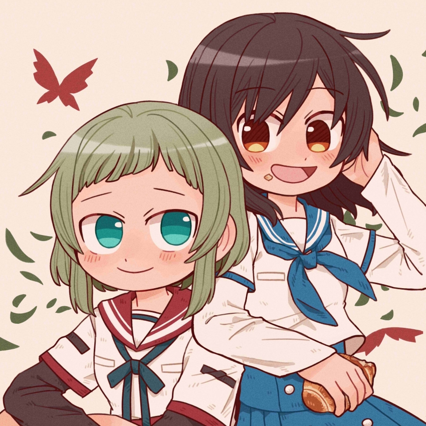 2girls :d absurdres aqua_eyes aqua_ribbon arm_on_another&#039;s_shoulder arm_rest black_sleeves blue_neckerchief blue_sailor_collar blue_skirt blunt_bangs blush breast_pocket brown_hair bug butterfly buttons cantaurus closed_mouth commentary croissant dot_nose food food_on_face green_hair hand_up highres holding holding_food insect kamihama_university_affiliated_school_uniform layered_sleeves leaf long_sleeves looking_at_another magia_record:_mahou_shoujo_madoka_magica_gaiden mahou_shoujo_madoka_magica medium_hair minaminagi_liberty_academy_school_uniform multiple_girls natsu_ryoko neck_ribbon neckerchief open_mouth orange_eyes pleated_skirt pocket red_sailor_collar ribbon sailor_collar sailor_shirt school_uniform serafuku shirt short_bangs short_hair short_over_long_sleeves short_sleeves sidelocks skirt smile suzuka_sakuya symbol-only_commentary white_shirt yellow_background