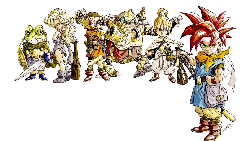 1990s_(style) 1boy 3girls absurdres ayla_(chrono_trigger) blonde_hair blue_eyes boots bow_(weapon) cape chrono_trigger club_(weapon) crono_(chrono_trigger) crossbow frog frog_(chrono_trigger) frog_boy fur_boots green_cape grey_boots hammer headphones high_ponytail highres holding holding_shield holding_sword holding_weapon katana long_hair lucca_ashtear marle_(chrono_trigger) multiple_girls non-web_source official_art ponytail red_hair retro_artstyle robo_(chrono_trigger) robot shield simple_background spiked_hair sword toriyama_akira weapon white_background