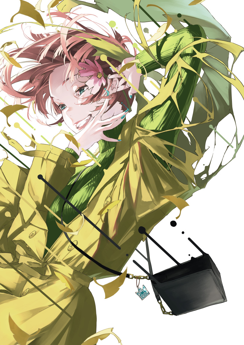 1girl absurdres bag coat commentary_request flower green_coat green_eyes green_nails green_sweater handbag highres long_sleeves nico-tine original parted_lips pink_flower red_hair ribbed_sweater short_hair simple_background smile solo sweater teeth torn_clothes torn_coat turtleneck turtleneck_sweater upper_body white_background