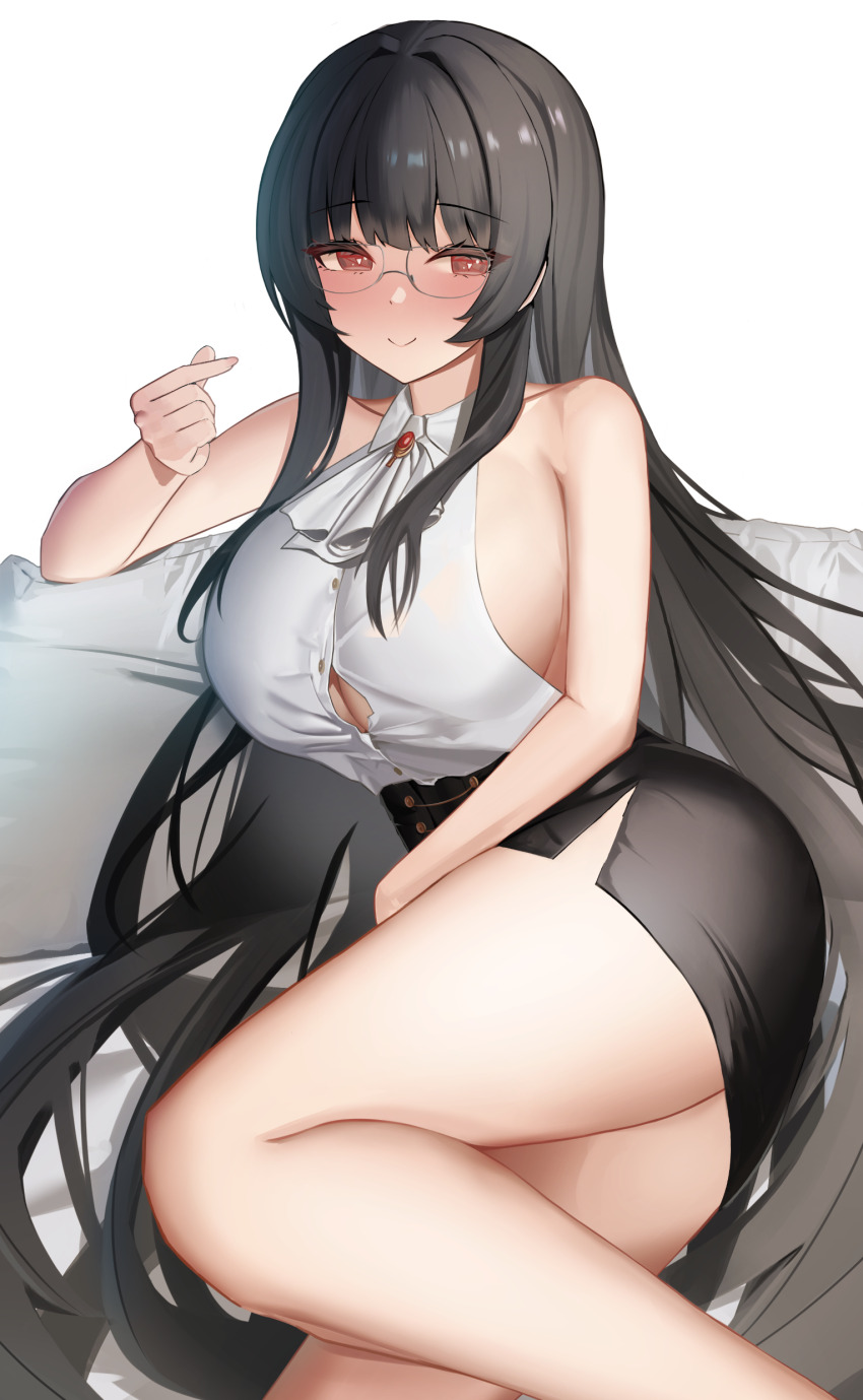 1girl absurdres alvitr_(azur_lane) alvitr_(muspel&#039;s_torrid_secrets)_(azur_lane) azur_lane bare_shoulders black_hair black_skirt breasts button_gap glasses highres large_breasts long_hair looking_at_viewer miniskirt off_shoulder official_alternate_costume pencil_skirt red_eyes shirt sideboob sitting skirt sleeveless sleeveless_shirt solo thighs very_long_hair white_shirt wynnblue