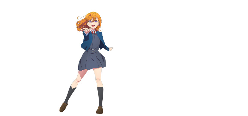 1girl black_socks blue_jacket brown_shoes collared_shirt dress dress_shirt full_body grey_dress highres jacket kneehighs loafers long_hair long_sleeves looking_at_viewer love_live! love_live!_superstar!! neck_ribbon negative_space official_art open_clothes open_jacket open_mouth orange_hair outstretched_arm outstretched_hand pinafore_dress purple_eyes reaching reaching_towards_viewer red_ribbon ribbon school_uniform shibuya_kanon shirt shoes short_dress sleeveless sleeveless_dress smile socks solo standing tachi-e teeth white_shirt winter_uniform yuigaoka_school_uniform