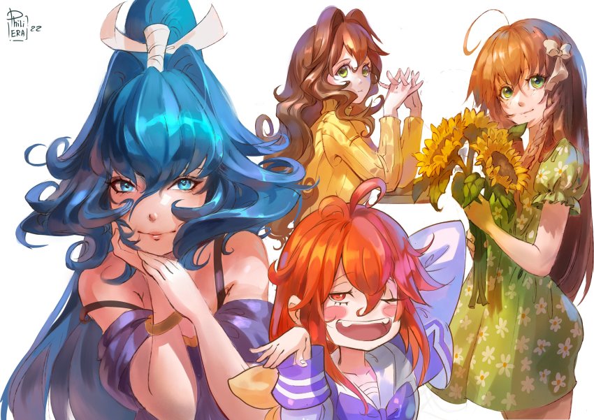 4girls absurdres beige_bow blue_eyes blue_hair blush bow braid brown_hair clip_studio_paint_(medium) commentary dress english_commentary fangs flower green_dress green_eyes hair_intakes hakuryou_high_school_uniform highres holding holding_flower jinguuji_marimo kagami_sumika kimi_ga_nozomu_eien long_hair mitsurugi_meiya mixed-language_commentary multiple_girls muv-luv off_shoulder open_mouth philiera ponytail purple_bow purple_shirt russian_commentary school_uniform shirt side_braid smile smug sunflower suzumiya_haruka sweater turtleneck turtleneck_sweater yellow_sweater