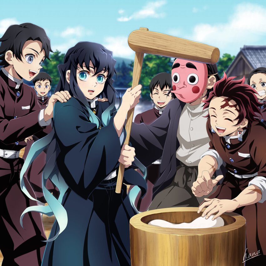 6+boys aqua_eyes aqua_hair architecture belt belt_buckle black_hair black_haori blue_eyes blue_hakama blue_sky brown_hakama buckle buttons closed_eyes cloud demon_slayer_uniform earrings east_asian_architecture facial_mark food forehead_mark hakama hakama_pants hana_ni_nare hanafuda_earrings haori highres holding holding_mallet hyottoko_mask japanese_clothes jewelry kamado_tanjirou kanamori_kouzou kimetsu_no_yaiba kine long_hair male_focus mallet mochi mochitsuki mortar_(bowl) multicolored_hair multiple_boys open_mouth outdoors pants purple_eyes red_hair scar scar_on_arm signature sky smile tokitou_muichirou tree white_belt