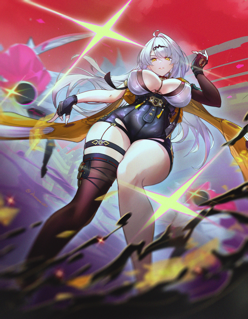 1girl absurdres ahoge asymmetrical_gloves between_fingers black_gloves black_thighhighs breasts breasts_apart covered_erect_nipples dioscoreae031 ethereal_(zenless_zone_zero) fingerless_gloves from_below glint gloves hair_ornament high-waist_shorts highres holding jacket large_breasts long_hair looking_at_viewer looking_down ofuda ofuda_between_fingers parted_lips shorts single_thighhigh smile sparkle thick_thighs thigh_strap thighhighs thighs twitter_username uneven_gloves white_hair yellow_eyes yixuan_(zenless_zone_zero) zenless_zone_zero
