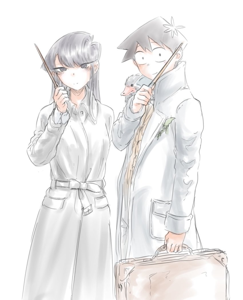 1boy 1girl bird black_eyes black_hair creature creature_on_shoulder crossover duck fantastic_beasts_and_where_to_find_them harry_potter_(series) highres imitating komi-san_wa_komyushou_desu komi_shouko looking_at_viewer mitsugu on_shoulder parody smile tadano_hitohito white_background wizarding_world