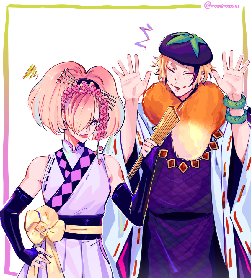 absurdres akechi_mitsuhide_(tenkaichi) closed_eyes collar disgust fangs flower hair_over_eyes hat highres japanese_clothes kimono lipstick long_hair long_sleeves makeup mori_ranmaru_(tenkaichi) moshimoooshii pink_hair tenkaichi_nihon_saikyou_bugeisha_ketteisen