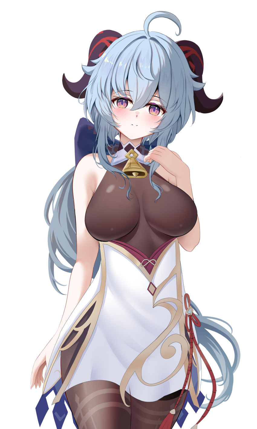 1girl absurdres bare_shoulders blush breasts cleavage dress ganyu_(genshin_impact) genshin_impact hair_between_eyes highres knosdeba large_breasts long_hair looking_at_viewer pantyhose simple_background smile solo white_background