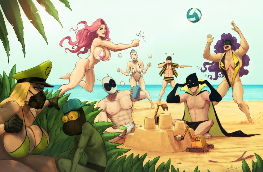4boys 4girls abs absurdres bad_id bad_twitter_id ball beach beach_volleyball bikini black_cape black_gloves black_male_swimwear black_mask black_shirt black_slingshot_swimsuit blonde_hair cape day devilhs doctor_miracle_(devilhs_art) gloves green_bikini green_hat hat heart heart_print highres jean-paul_le_frog_(devilhs_art) leaf long_hair madame_gekko_(devilhs_art) male_swimwear mighty_moth_(devilhs_art) military_hat multiple_boys multiple_girls navel open_clothes open_shirt original outdoors pink_hair plant playing_sports pointing print_bikini purple_hair sand_castle sand_sculpture shirt slingshot_swimsuit striped_clothes striped_male_swimwear striped_shirt swim_briefs swim_trunks swimsuit thunder_storm_(devilhs) topless_male two-sided_cape two-sided_fabric two-tone_male_swimwear two-tone_shirt two-tone_slingshot_swimsuit venus_(devilhs) vertical-striped_clothes vertical-striped_shirt volleyball volleyball_(object) water white_bikini white_mask yellow_cape yellow_male_swimwear yellow_shirt yellow_slingshot_swimsuit
