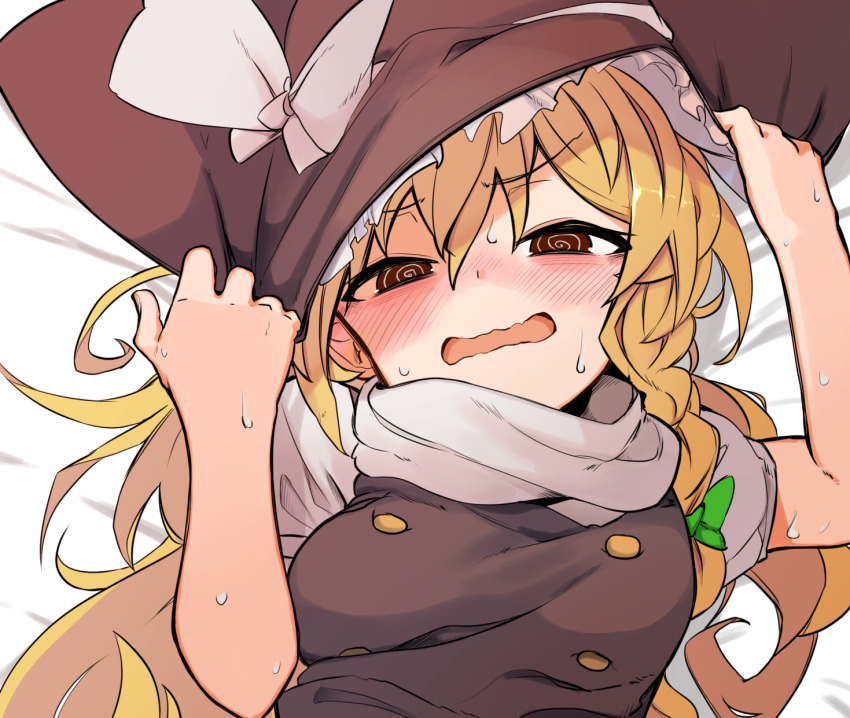 1girl @_@ bed_sheet black_vest blonde_hair blush braid brown_eyes commentary_request embarrassed furorina hair_between_eyes hat highres kirisame_marisa long_hair looking_at_viewer lying on_back parted_lips shirt short_sleeves solo sweat sweatdrop touhou vest wavy_mouth white_shirt witch_hat